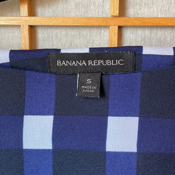 Banana Republic Navy Gingham Tuck Sleeve Tie Waist Blouse Small - Picture 2 of 14